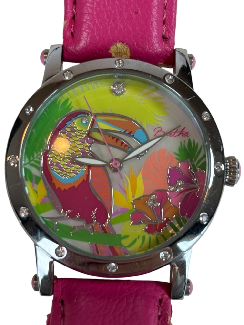 Bertha Toucan Tropical Watch Rhinestone Bezel Pink Leather Strap